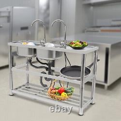 2 Compartment Stainless Steel Commercial Kitchen Prep & Utility Sink Dual Shelf