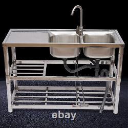 2-Compartment Stainless Steel Commercial Kitchen Utility Sink + Prep Table