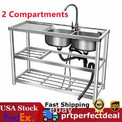 2 Compartment Stainless Steel Commercial Kitchen Utility Sink with Prep Table