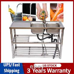 2 Compartment Stainless Steel Commercial Kitchen Utility Sink with Prep Table