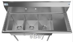 3 Three Compartment NSF Stainless Steel Commercial Kitchen Sink w Drainboard 51