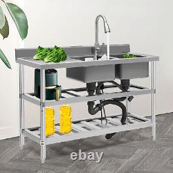 3 Tier Commercial Utility Prep Sink Stainless Steel 2 Compartment Basins &Faucet