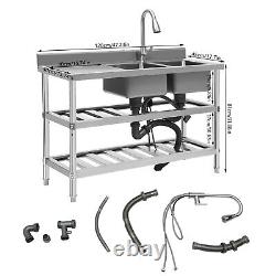 3 Tier Commercial Utility Prep Sink Stainless Steel 2 Compartment Basins &Faucet