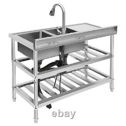 3 Tier Commercial Utility Prep Sink Stainless Steel 2 Compartment Basins &Faucet