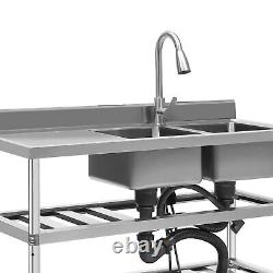 3 Tier Commercial Utility Prep Sink Stainless Steel 2 Compartment Basins &Faucet