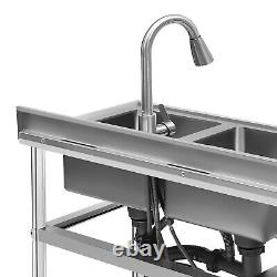 3 Tier Commercial Utility Prep Sink Stainless Steel 2 Compartment Basins &Faucet