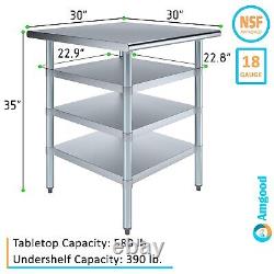 30 in. X 30 in. Stainless Steel Work Table With 3 Shelves Metal Utility Table