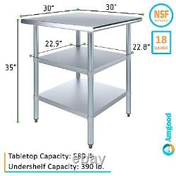 30 in. X 30 in. Stainless Steel Work Table with 2 Shelves Metal Utility Table