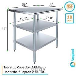 30 in. X 36 in. Stainless Steel Work Table with 2 Shelves Metal Utility Table