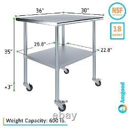 30 x 36 Stainless Steel Table With Wheels NSF Prep Metal Work Table Casters