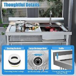 304 Stainless Steel Commercial Kitchen Sink Single Bowl with Workbench47x24x32