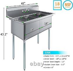 41 Long Two Compartment Stainless Steel Commercial Kitchen Prep & Utility Sink