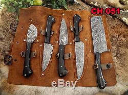 5 piece Kitchen knife set, full tang hand forged Damascus steel, Leather sheath