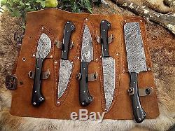 5 piece Kitchen knife set, full tang hand forged Damascus steel, Leather sheath