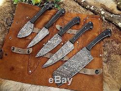 5 piece Kitchen knife set, full tang hand forged Damascus steel, Leather sheath