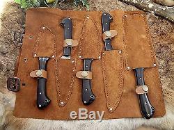 5 piece Kitchen knife set, full tang hand forged Damascus steel, Leather sheath