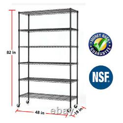 6 Tier Commercial Wire Shelving Rack 48x18x82 Adjustable Metal Rack WithCasters