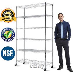 6 Tier Commercial Wire Shelving Rack 48x18x82 Metal Rack WithCasters Chrome