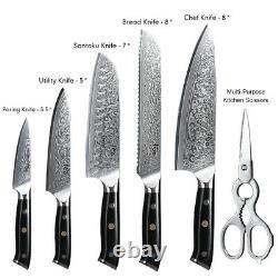 6Pcs TURWHO Chef Knife Scissors Kitchen Japanese VG10 Damascus Knives Block Set