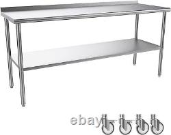 72 x 24 Inch Stainless Steel Table with Backsplash & Undershelf & Caster Silver