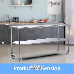 72 x 24 Inch Stainless Steel Table with Backsplash & Undershelf & Caster Silver