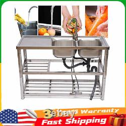 Commercial Kitchen 2 Compartment Utility 2 Sinks with Prep Table 304 Stainless usa