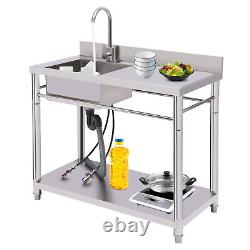 Commercial Kitchen Sink Freestanding Stainless Steel Single Bowl with Drainboard