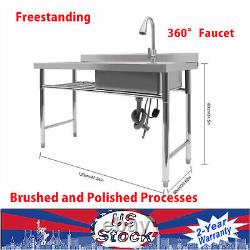 Commercial Kitchen Sink Prep Table+Faucet Compartment Stainless Steel Thickened