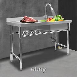 Commercial Kitchen Sink Prep Table+Faucet Compartment Stainless Steel Thickened