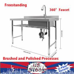 Commercial Kitchen Sink Prep Table&Faucet Stainless Steel 1Compartment Thickened