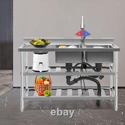 Commercial Kitchen Sink Prep Table withFaucet Stainless Steel 2 Compartment +Shelf