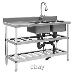 Commercial Kitchen Sink Prep Table withFaucet Stainless Steel 2 Compartment +Shelf