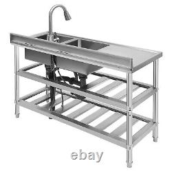 Commercial Kitchen Sink Prep Table withFaucet Stainless Steel 2 Compartment +Shelf