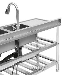 Commercial Kitchen Sink Prep Table withFaucet Stainless Steel 2 Compartment +Shelf