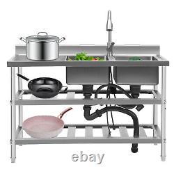 Commercial Kitchen Sink Prep Table withFaucet Stainless Steel 2 Compartment +Shelf