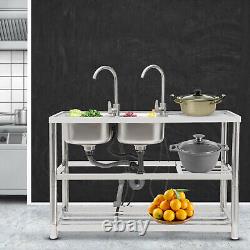 Commercial Kitchen Sink Stainless Steel 2 Compartment Free Standing Double Bowls