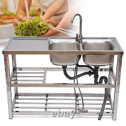 Commercial Kitchen Utility Sink Stainless Steel Sink 2 Compartment & Prep Shelf