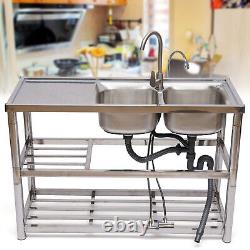 Commercial Kitchen Utility Sink Stainless Steel Sink 2 Compartment & Prep Shelf