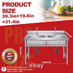 Commercial Sink Stainless Steel Kitchen Utility Sink + 2 Prep Table 39.3X 31.5