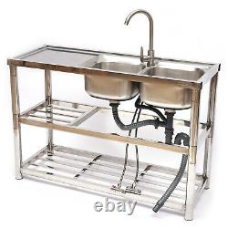Commercial Sink Stainless Steel Utility Sink 2 Compartment & Prep Table Kitchen