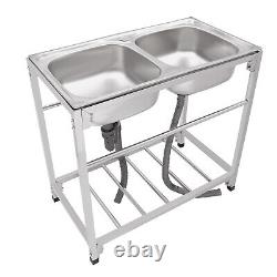 Commercial Stainless Steel Sink, Kitchen Freestanding Double Bowl Utility Sink