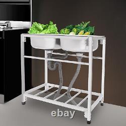 Commercial Stainless Steel Sink, Kitchen Freestanding Double Bowl Utility Sink