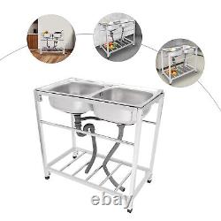 Commercial Stainless Steel Sink, Kitchen Freestanding Double Bowl Utility Sink