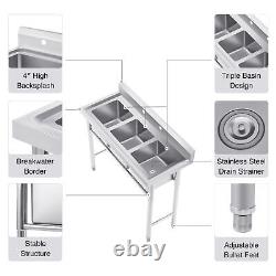 Commercial Utility & Prep Sink Stainless Steel 3 Compartment w Basins Backsplash