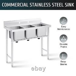 Commercial Utility & Prep Sink Stainless Steel w Basins Backsplash with Drainboard