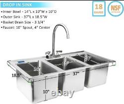 Drop Sink Commercial Kitchen 3 Compartment Drop in Sink 37.5x18.5 NSF