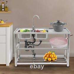 Dual-Bowl Commercial Kitchen Sink Free Standing Restaurant Sink Stainless Steel