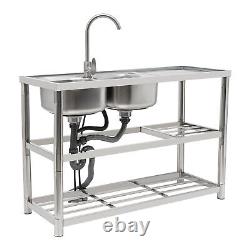 Dual-Bowl Commercial Kitchen Sink Free Standing Restaurant Sink Stainless Steel