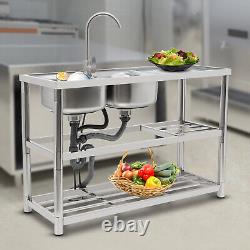 Dual-Bowl Commercial Kitchen Sink Free Standing Restaurant Sink Stainless Steel