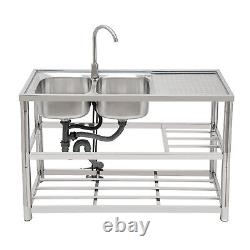 Dual-Bowl Commercial Kitchen Sink Free Standing Restaurant Sink Stainless Steel